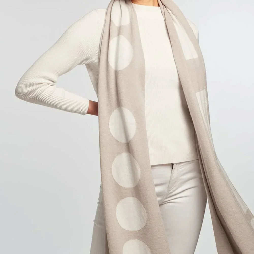 Elyse Maguire Tan Cream Polka Dot Exclamation‎ Point Oversized Knit Scarf Wrap